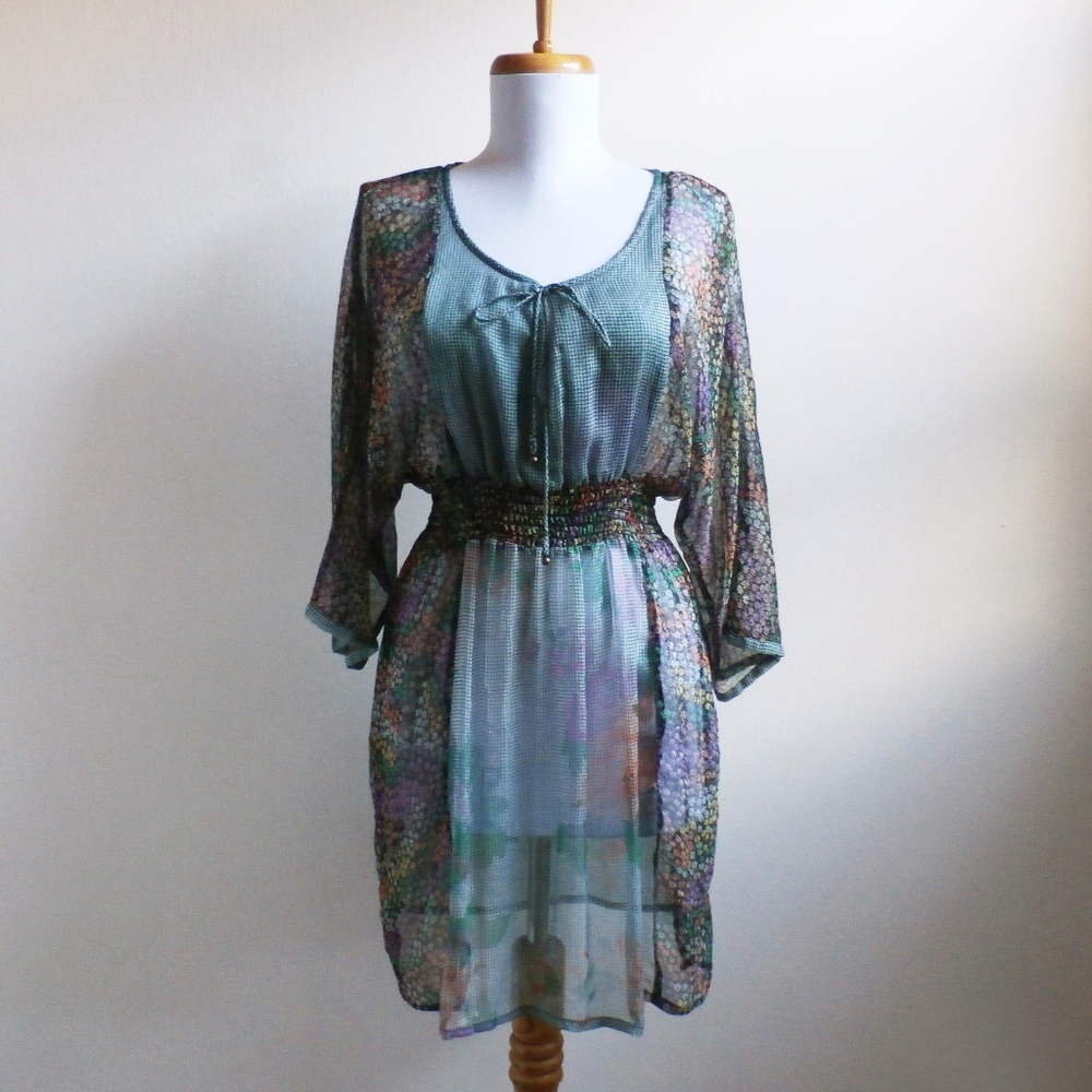Bohemian Floral Print Sheer Kimono Sleeve Dress